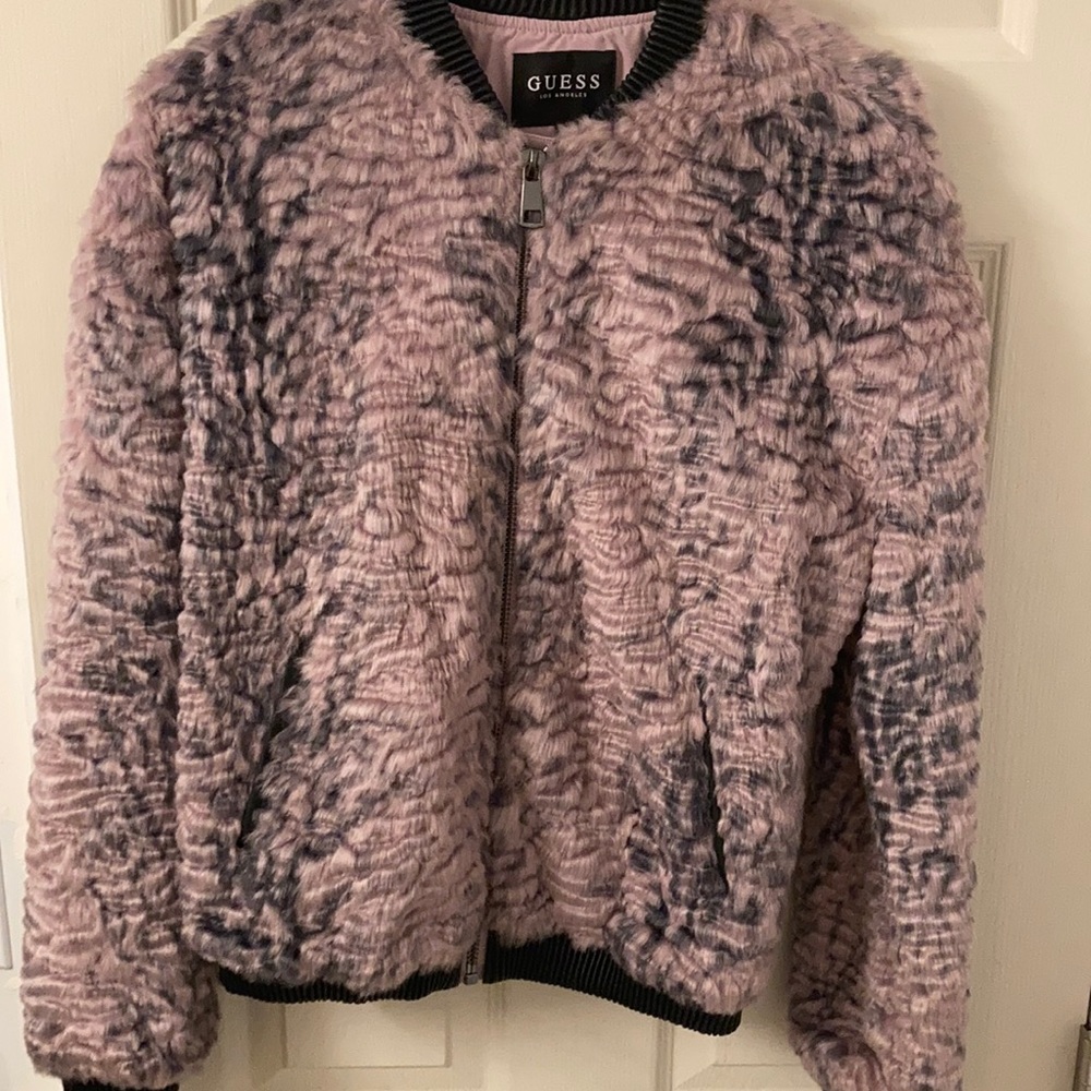 Light purple and black guess fur bomber